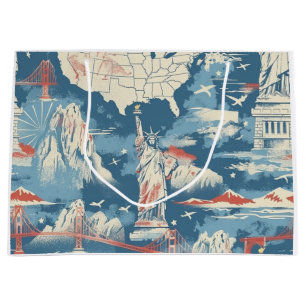 Vintage American Landmark Pattern – Liberty, USA  Large Gift Bag
