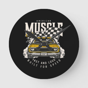 Vintage American Muscle Car Racing Flag  Round Clock