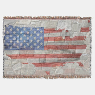 Vintage American Patriotic Map Flag On Wall Throw Blanket