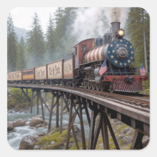 Vintage American Patriotic Train on a Trestle Square Sticker