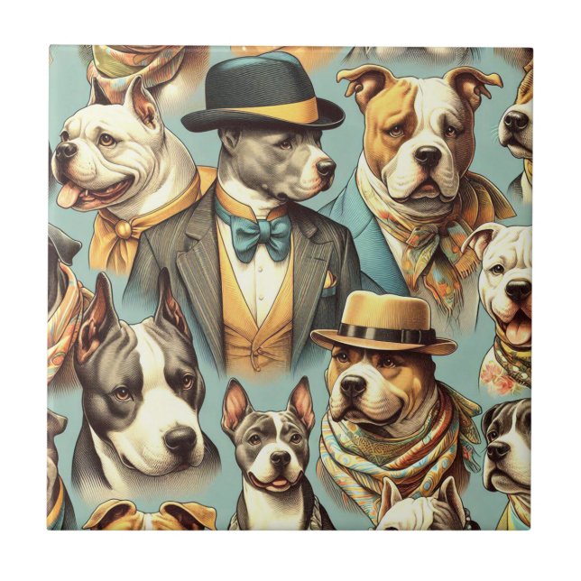 Vintage American Pit Bull Terrier Illustration Tile (Front)