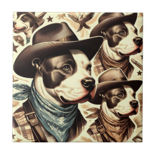 Vintage American Pit Bull Terrier Illustration Tile