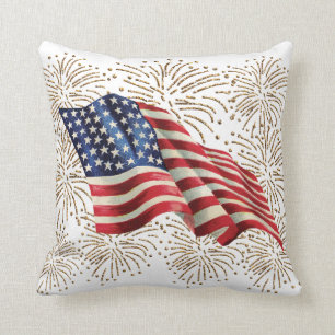 Vintage American USA Flag and July 4th Fireworks Throw Pillow