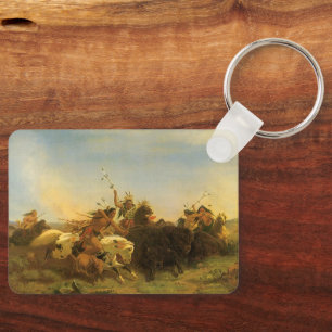 Vintage American West Art, Buffalo Hunt by Wimar Keychain