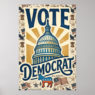 Vintage Americana Patriotic Folk Art Democrat Vote Poster