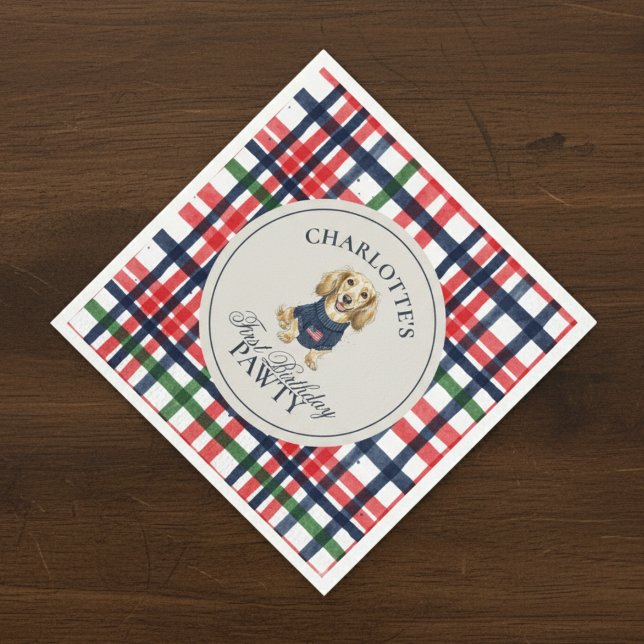 Vintage Americana Plaid Dachshund First Birthday Napkin (Celebrate your little one’s special day with this Vintage Americana Plaid Dachshund napkin!)