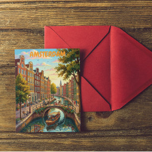 Vintage Amsterdam Netherlands - Colourful Canal Postcard