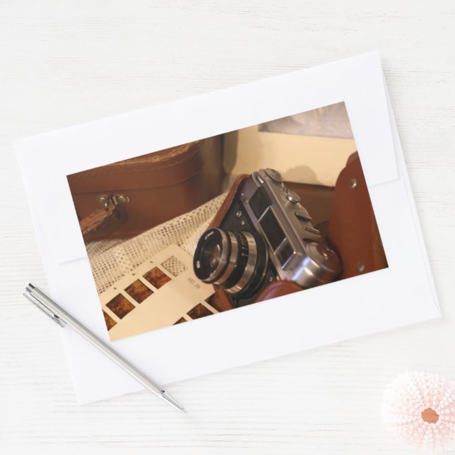 Vintage analogue camera in leather brown case sticker (Envelope)