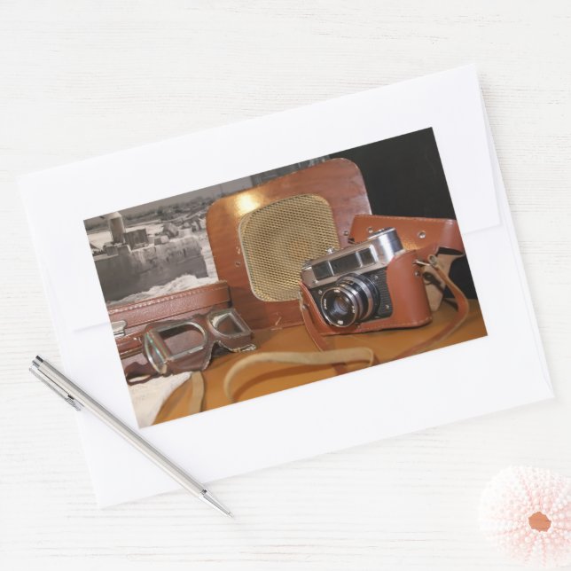 Vintage analogue camera in leather brown case sticker (Envelope)