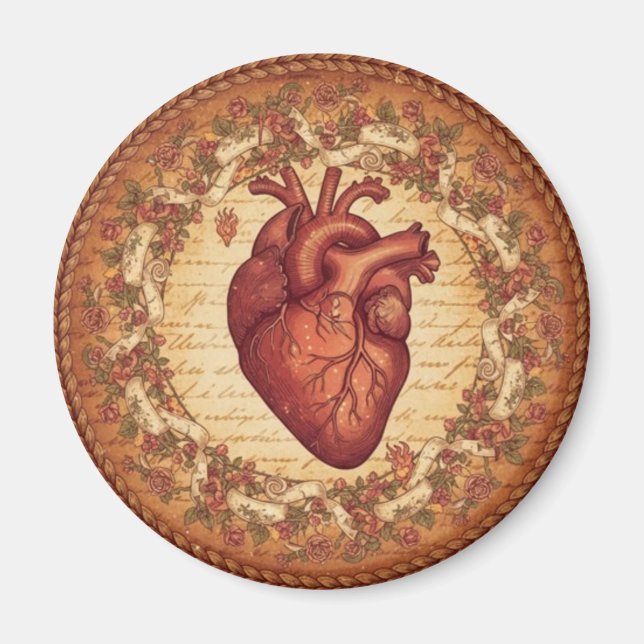 Vintage Anatomical Heart Floral Illustration Art Magnet (Front)