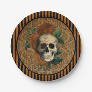 Vintage Anatomy   Skull with Roses Halloween Paper Plate