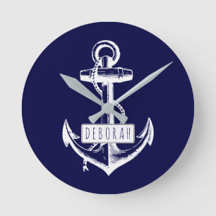 Vintage anchor and name navy blue nautical round clock