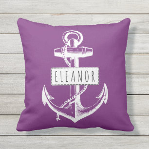 Vintage anchor and name purple nautical reversible throw pillow