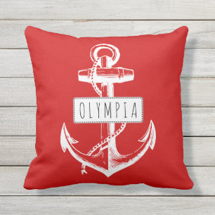 Vintage anchor and name red nautical reversible outdoor pillow