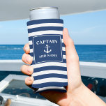 Vintage Anchor Captain or Boat Name Navy Stripes Seltzer Can Cooler<br><div class="desc">A stylish nautical themed "tall" can cooler with your personalized Captain rank - title and name,  boat name or other desired text. This custom design feature a vintage boat anchor and navy blue and white stripes. Makes a great gift for any occasion.</div>