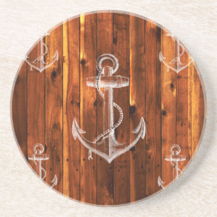 Vintage Anchor on Dark Wood Boards Coaster