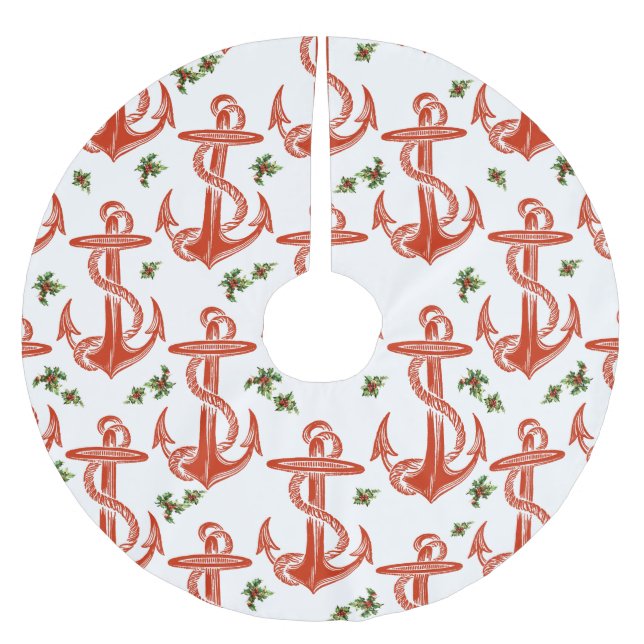 Vintage Anchor Red Holly Christmas tree skirt (Front)