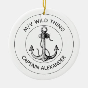 Vintage Anchor Speedboat Captain's Name Nautical Ceramic Ornament