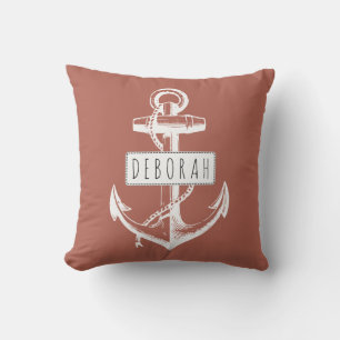 Vintage anchor terracotta nautical reversible outdoor pillow