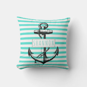 Vintage anchor turquoise striped pattern nautical outdoor pillow