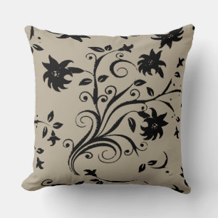 Vintage and Retro Abstract Black Flowers Pattern Throw Pillow