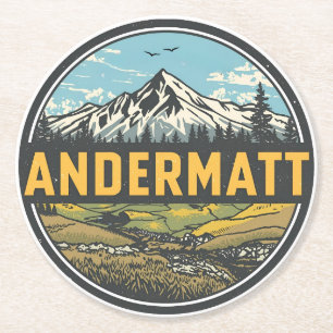 Vintage ANDERMATT ski Switzerland Swiss Alps gifts Round Paper Coaster