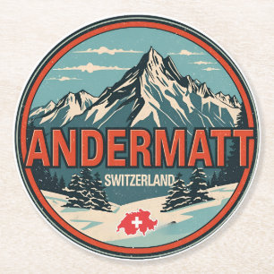 Vintage ANDERMATT ski Switzerland Swiss Alps gifts Round Paper Coaster