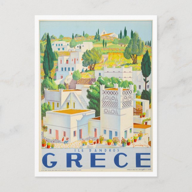 Vintage Andros, Greece, Travel Poster Postcard (Front)