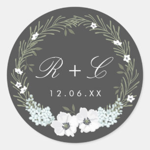 Vintage Anemone Wreath Monogram Wedding Classic Round Sticker
