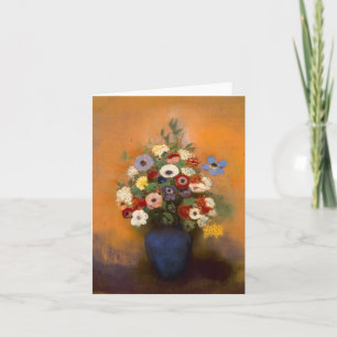 Vintage Anemones and lilac in a blue vase Card
