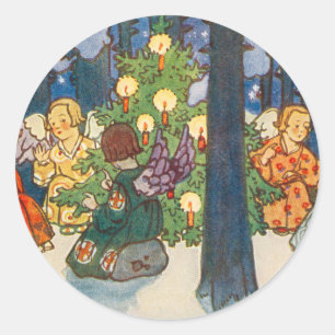 Vintage Angel and Christmas Tree Painting Holiday Classic Round Sticker