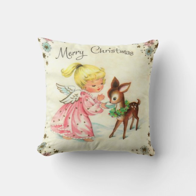 Vintage Angel and Deer Christmas Holiday  Throw Pillow (Front)