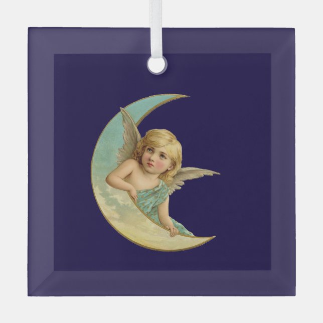 Vintage Angel in Crescent Moon Glass Ornament (Front)