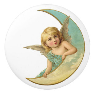 Vintage Angel on Crescent Moon Ceramic Knob