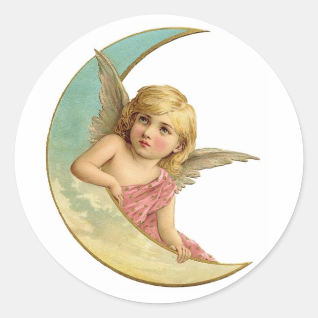 Vintage Angel on Crescent Moon Classic Round Sticker (Front)