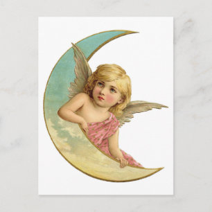 Vintage Angel on Crescent Moon Postcard