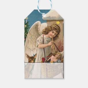 Vintage Angel With Fawn and Toy Basket Christmas Gift Tags