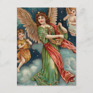 Vintage Angel With Harp and Two Cherubs Postcard