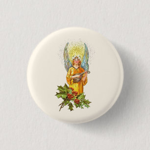 Vintage Angel With holly And Mandolin 1 Inch Round Button