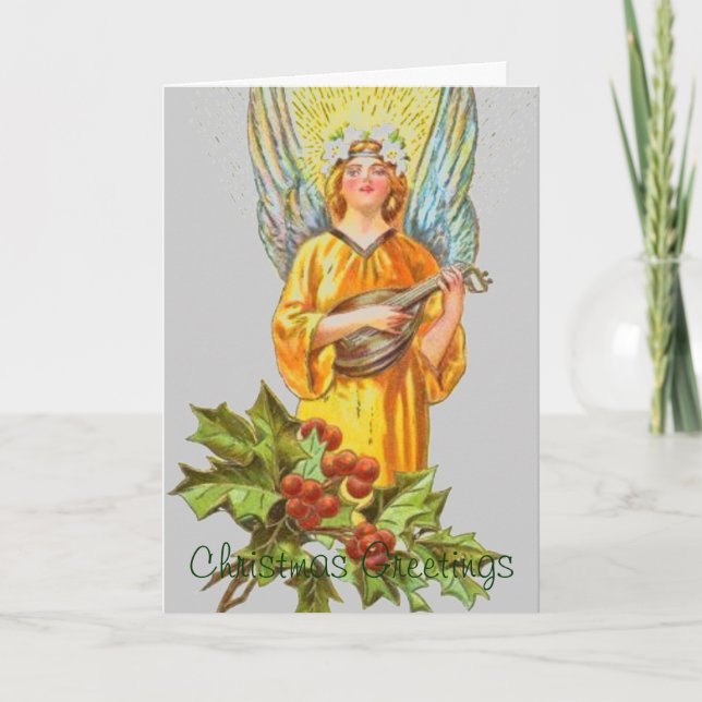 Vintage Angel With holly And Mandolin Holiday Card (Front)
