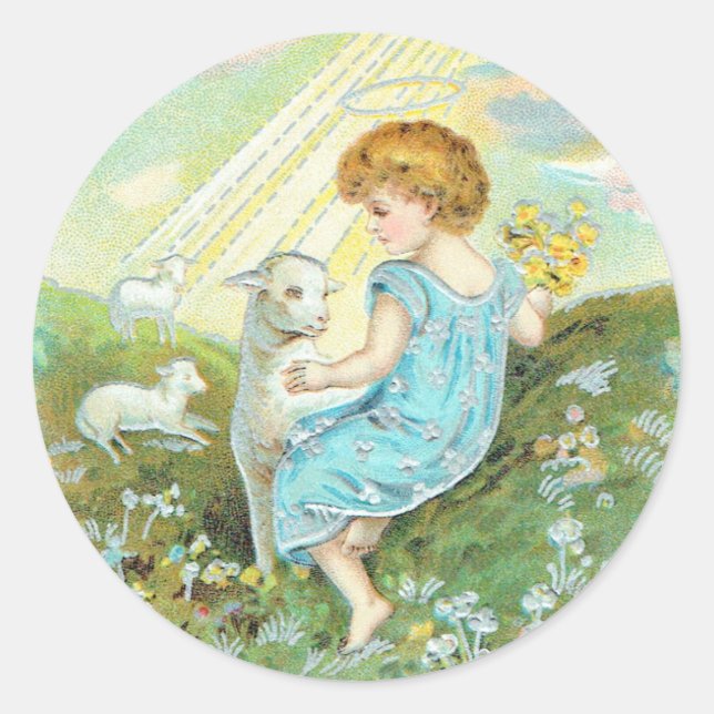 Vintage Angel With Lambs Classic Round Sticker (Front)