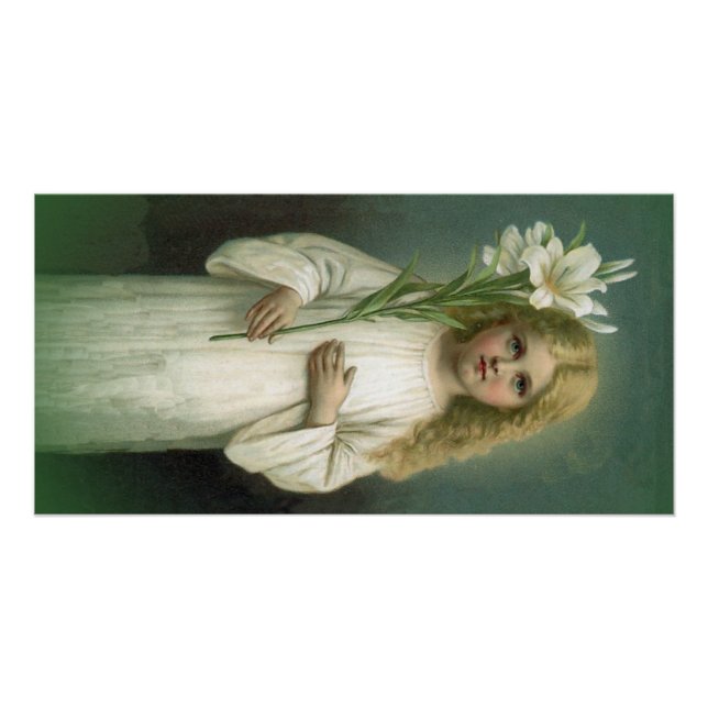Vintage Angelic Girl White Dress Lily Flowers Poster (Front)