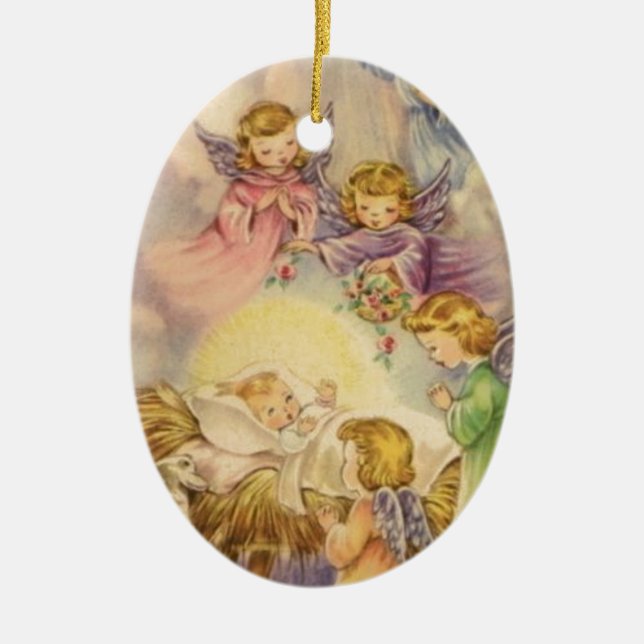 Vintage Angels Around Baby Jesus Ceramic Ornament (Front)