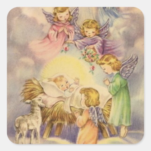 Vintage Angels Around Baby Jesus Square Sticker (Front)