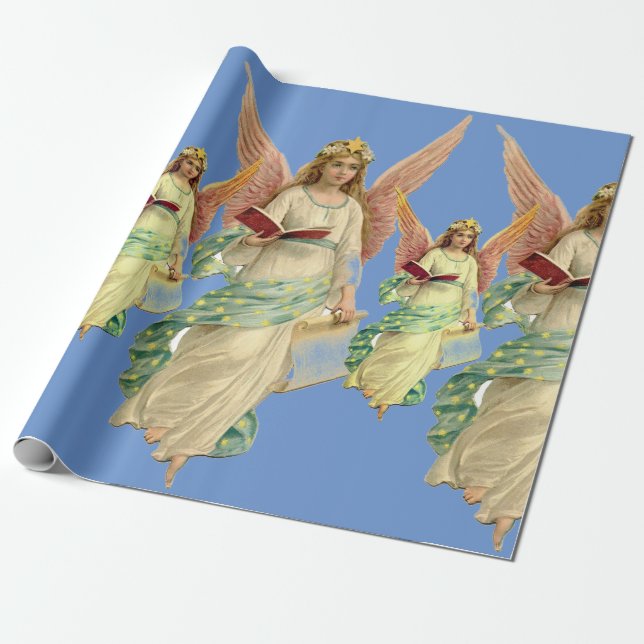 VINTAGE ANGELS BLUE Wrapping Paper (Unrolled)