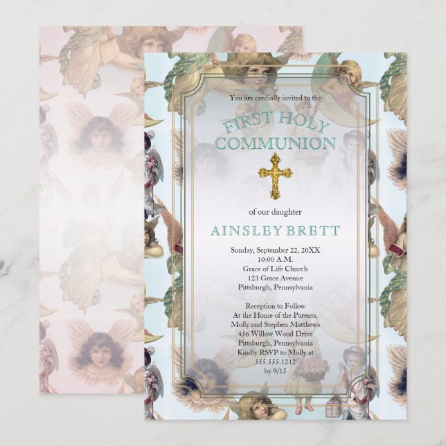 Vintage Angels Girl  | Boy First Holy Communion Invitation (Front/Back)