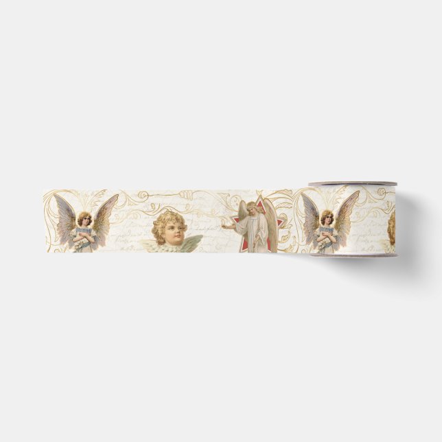 Vintage Angels Gold Christmas Elegant Script Satin Ribbon (Front)