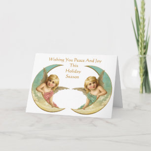 Vintage Angels on Crescent Moon Peace and Joy Holiday Card
