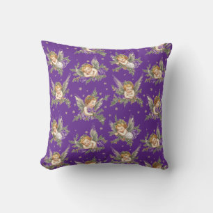 Vintage angels pattern purple throw pillow