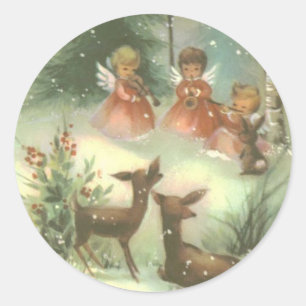Vintage Angels Playing Music With Deer Classic Round Sticker